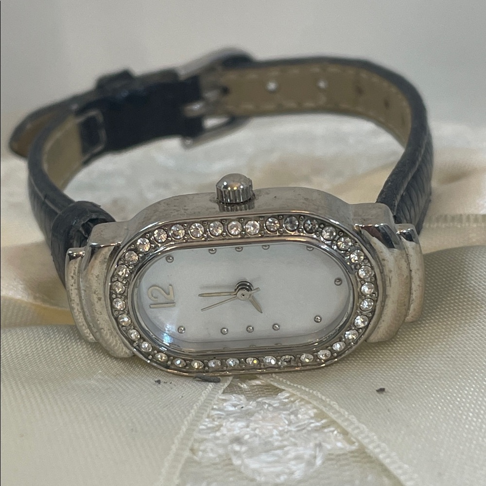 Crystal Bezel Oval Face Watch - Black adj Strap, 1” face, needs battery